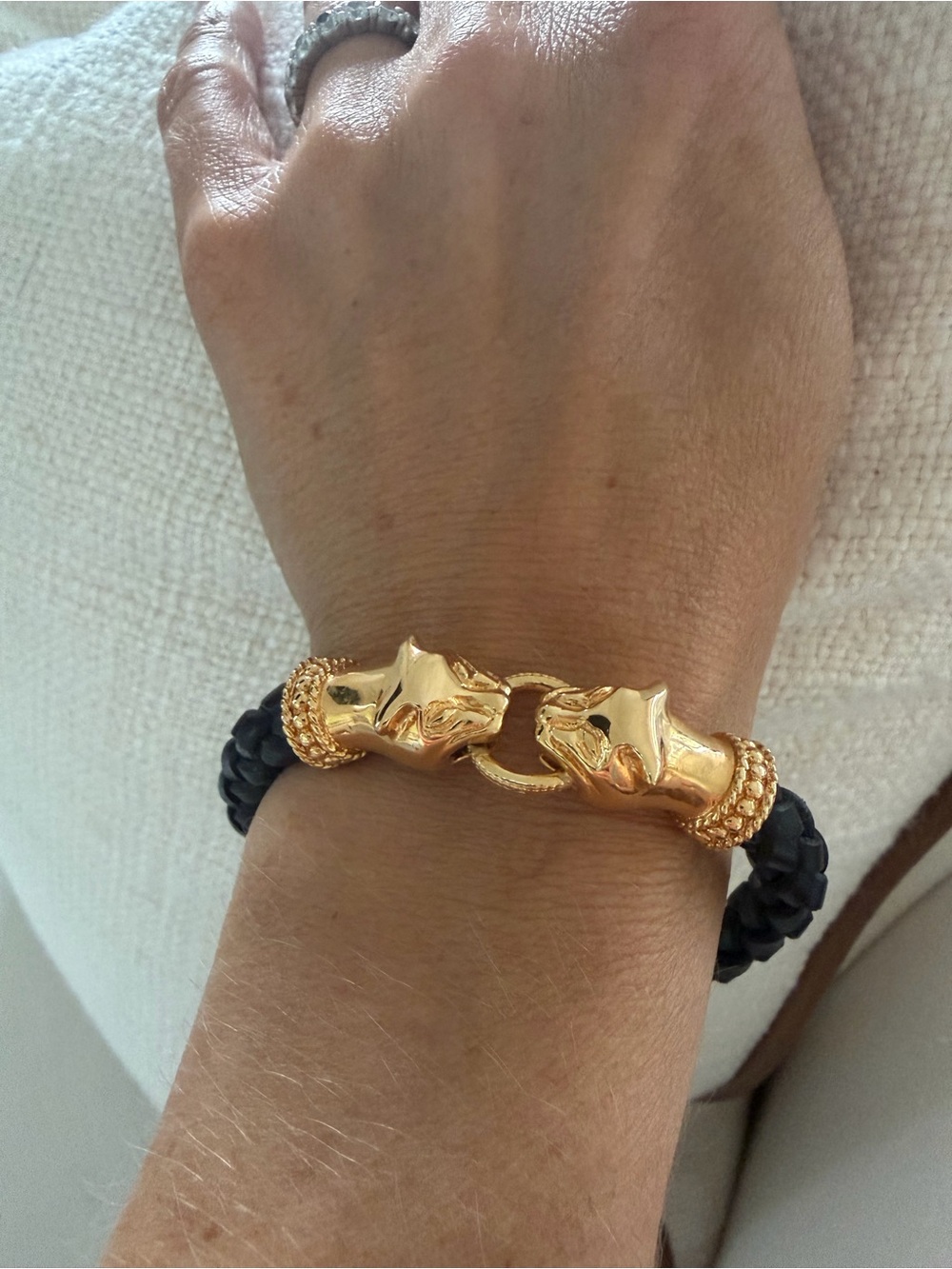 Milor Italy Black Leather Bracelet with Bronze Animal Heads 🐆 & 🧲 Clasp • NWOT